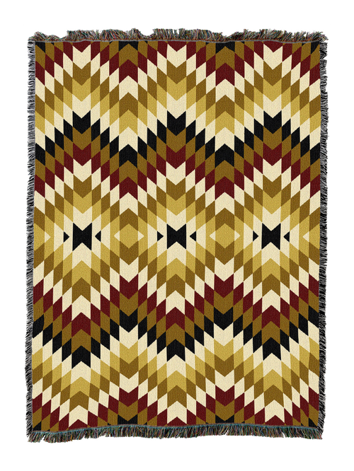 Torched Earth cotton throw blanket in a flame stitch zigzag of olive, gold and chartreuse through cream with deep burgundy anchoring each peak