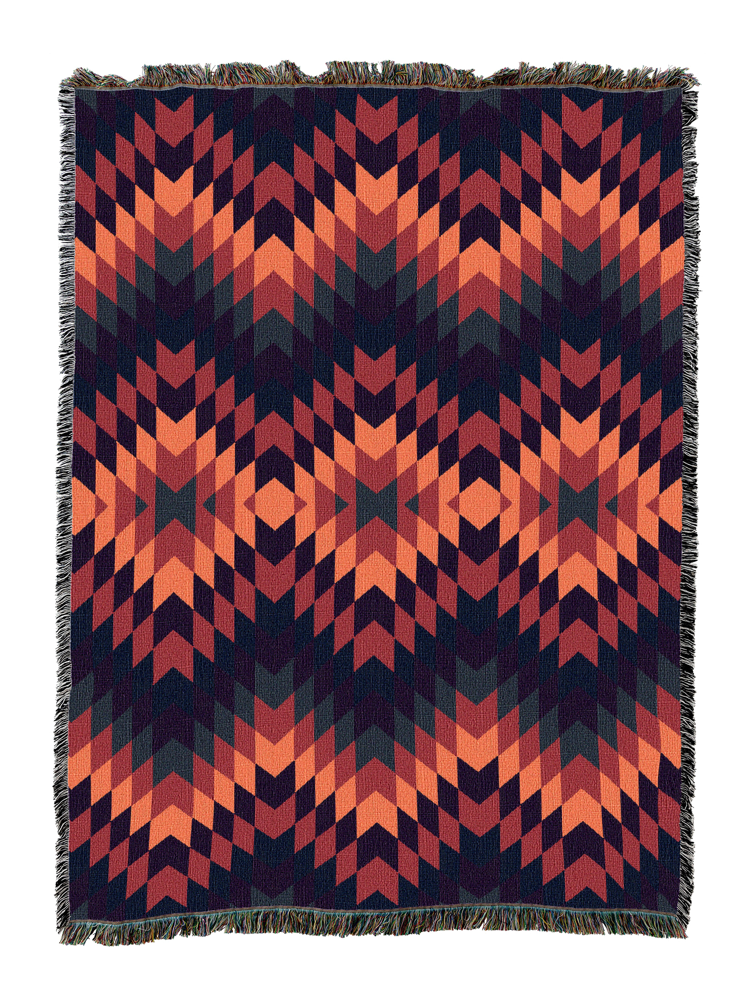 Sunset Desert cotton throw blanket in a high contrast flame stitch zigzag of coral and salmon against deep navy and brick red