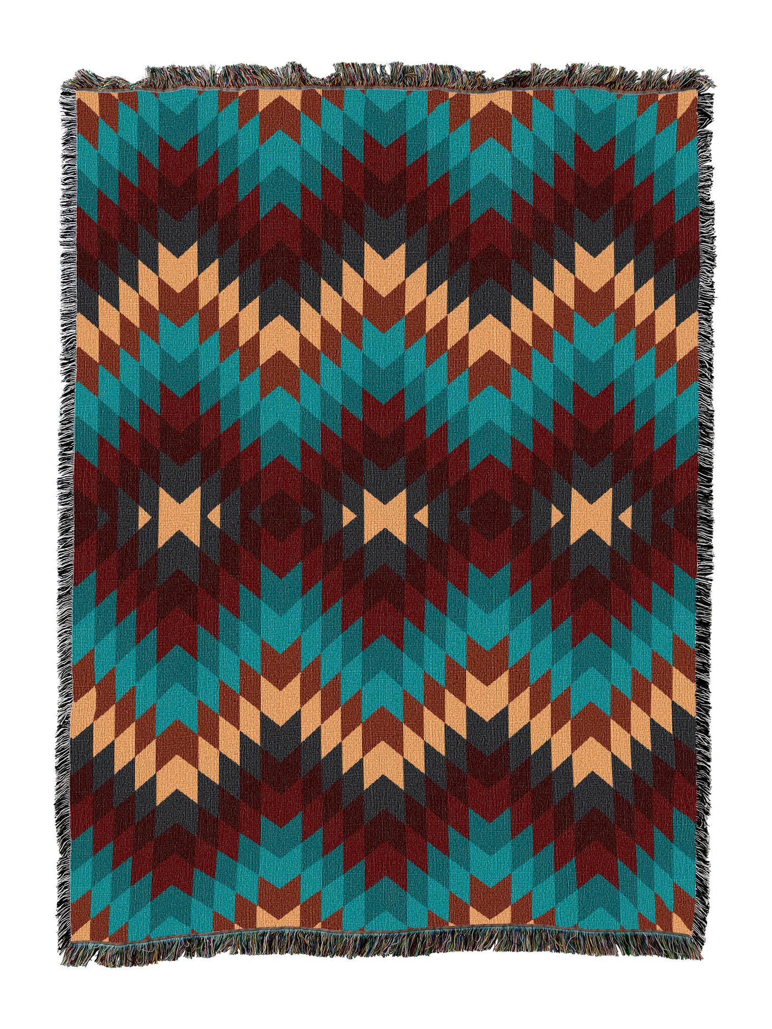 Desert Oasis cotton throw blanket in an allover flame stitch zigzag of teal, deep red, tan and cream