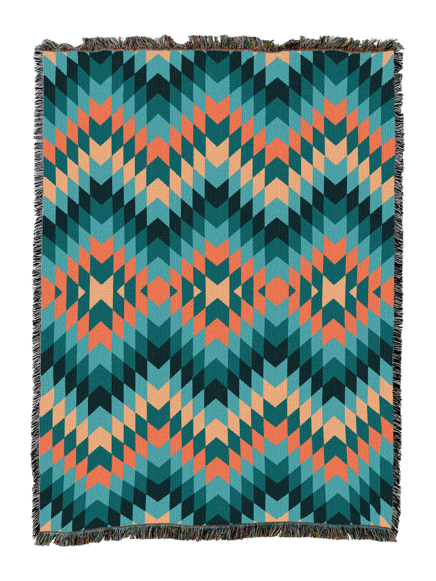 Cactus Blooming cotton throw blanket in a bright flame stitch zigzag of turquoise and coral on cream