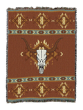 Rust cotton throw blanket with a single large longhorn steer skull centered over a spray of feathers, framed by teal and cream geometric bands at the top and bottom