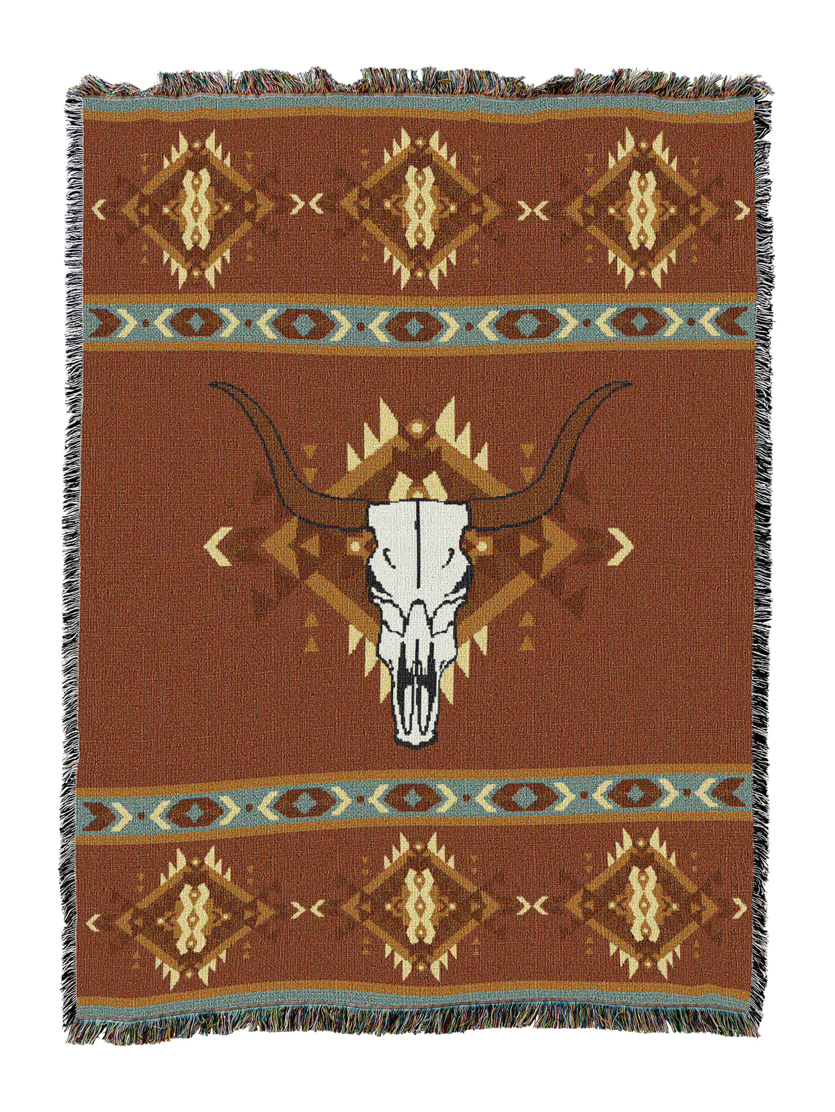 Rust cotton throw blanket with a single large longhorn steer skull centered over a spray of feathers, framed by teal and cream geometric bands at the top and bottom