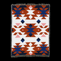 Sunset Canyon Southwest cotton throw blanket with large rust, navy, pink and white stepped geometry on cream, fringed edges
