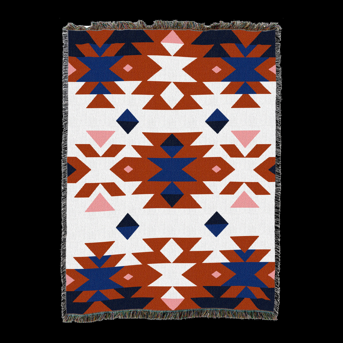 Sunset Canyon Southwest cotton throw blanket with large rust, navy, pink and white stepped geometry on cream, fringed edges