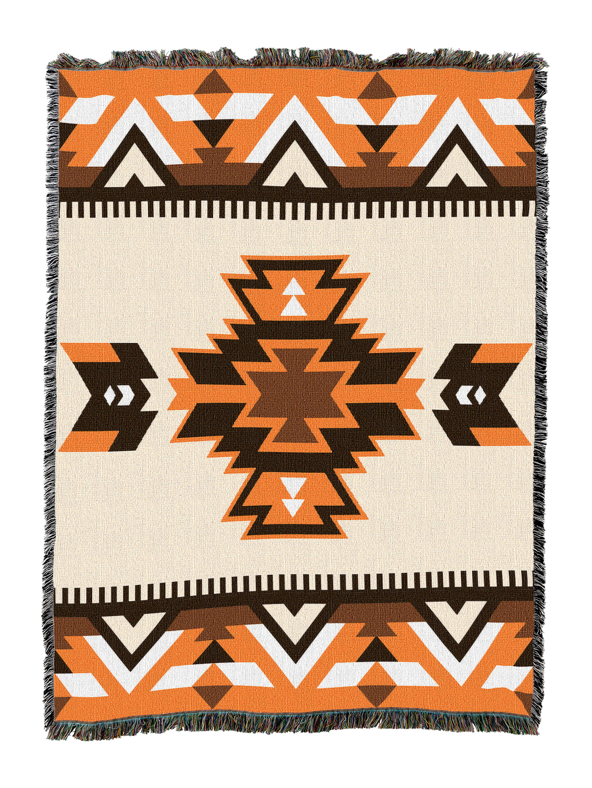 Westward cotton throw in the Clay colorway, an orange, rust and brown stepped diamond on a cream ground with chevron bands top and bottom