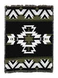 Westward cotton throw in the BW colorway, a white and olive stepped diamond on a black ground with chevron bands top and bottom