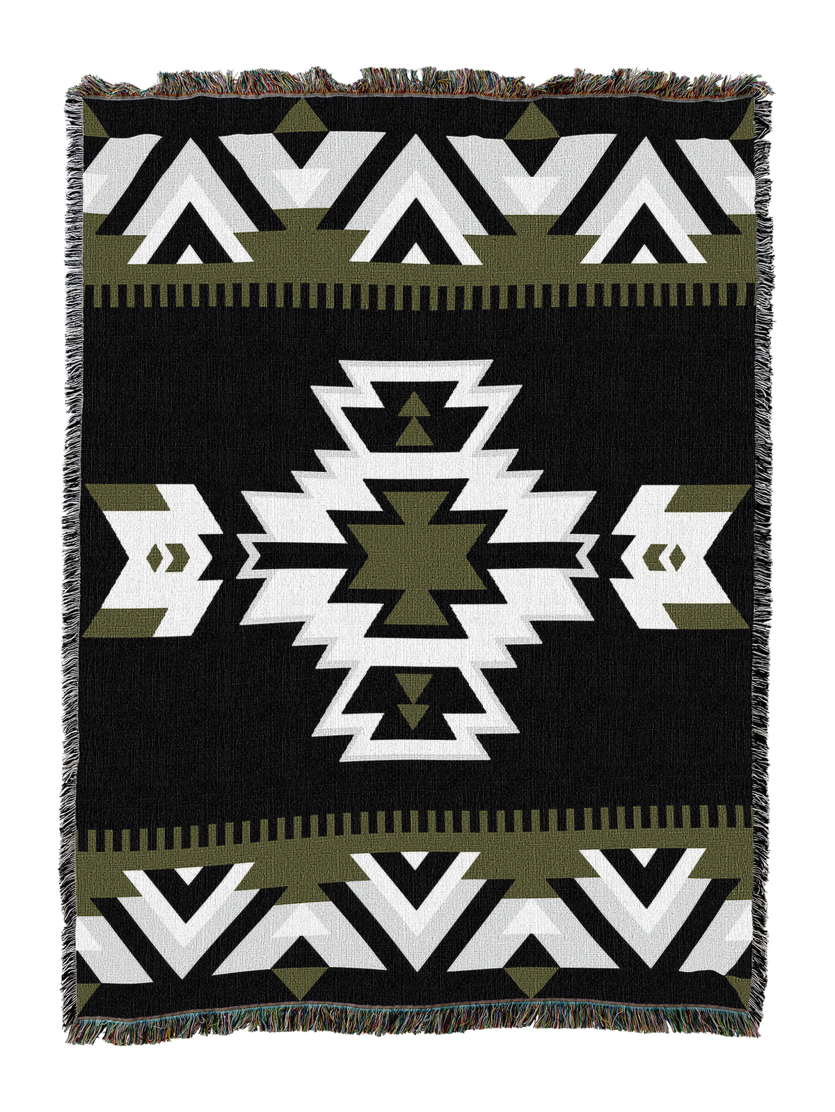 Westward cotton throw in the BW colorway, a white and olive stepped diamond on a black ground with chevron bands top and bottom
