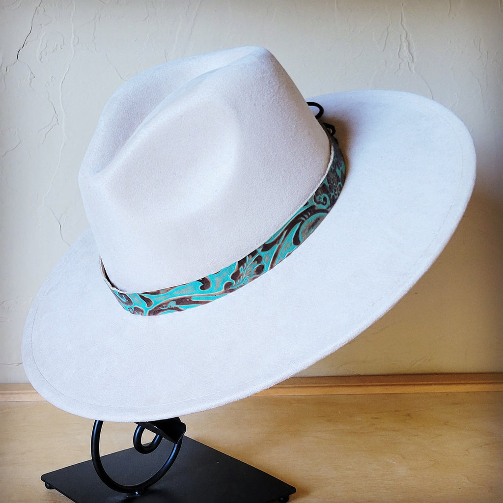 Turquoise cowboy embossed leather hat band, additional view