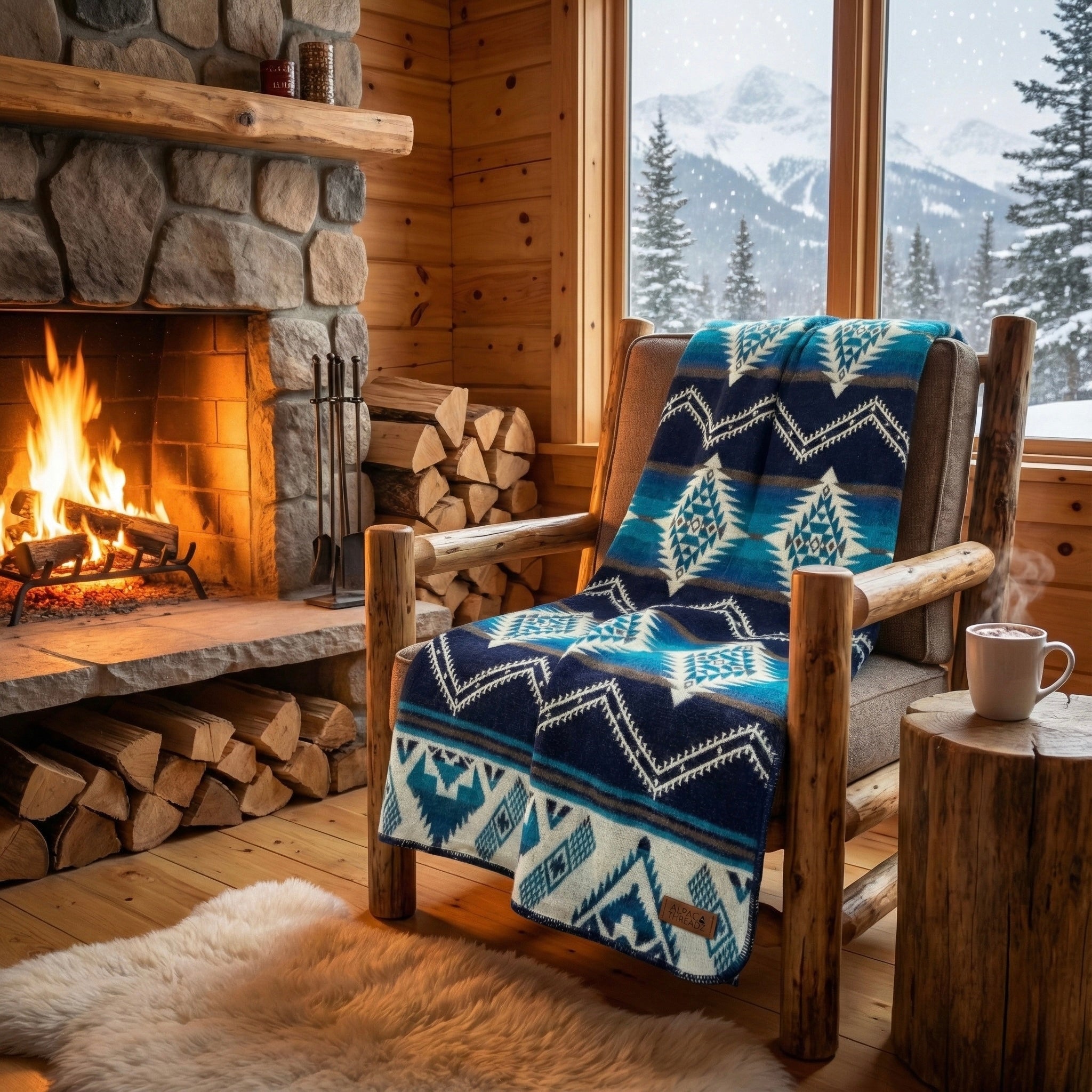 Cobalt and teal blue geometric alpaca blanket, view 7