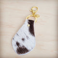 Brindle cowhide leather key chain in brown and white with gold hardware