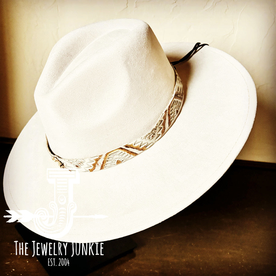 Gold Aztec Embossed Leather Hat Band with White Turquoise Slab