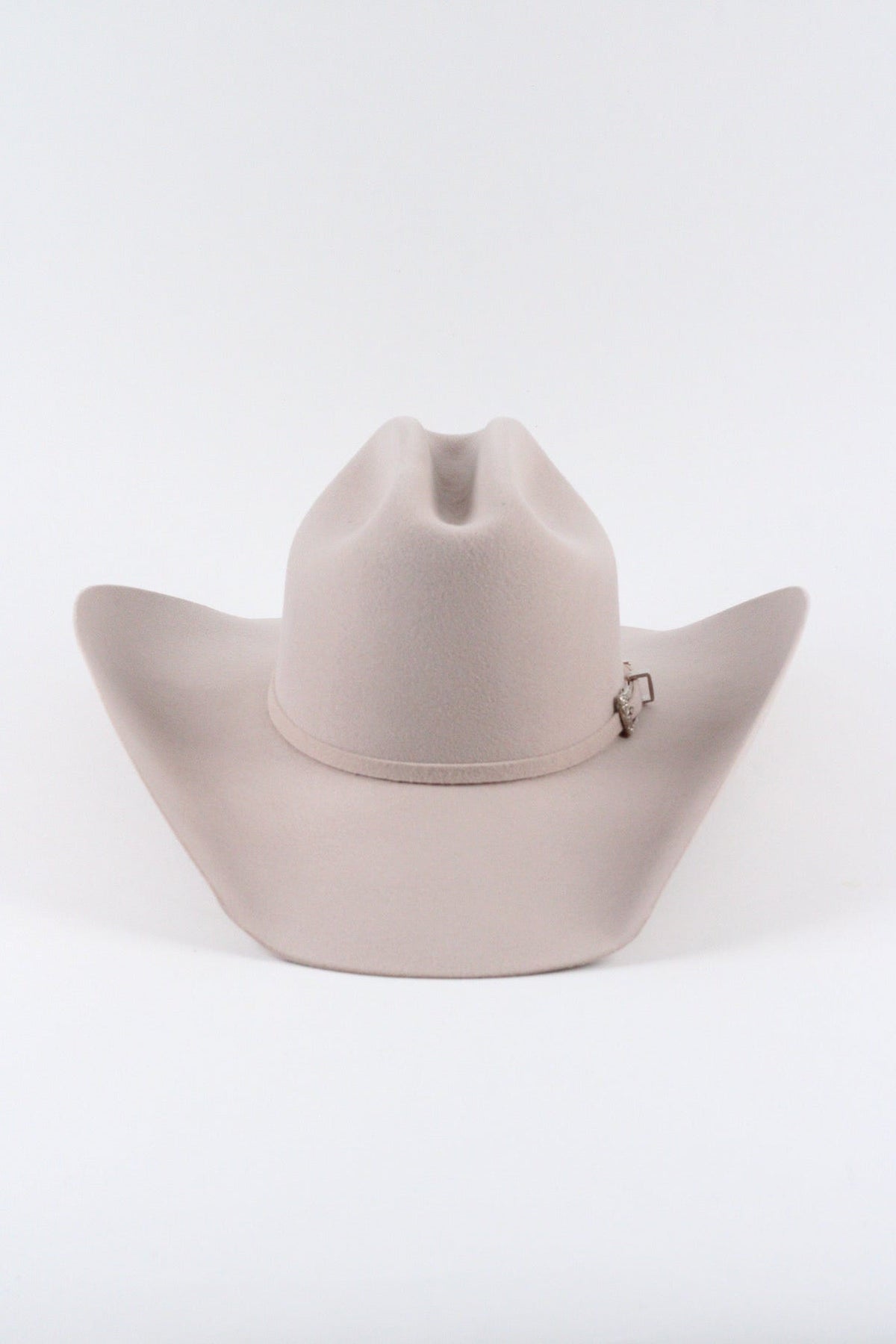 Front view of the desert sand Wren merino wool cowboy hat showing the curved stiff brim and matching band