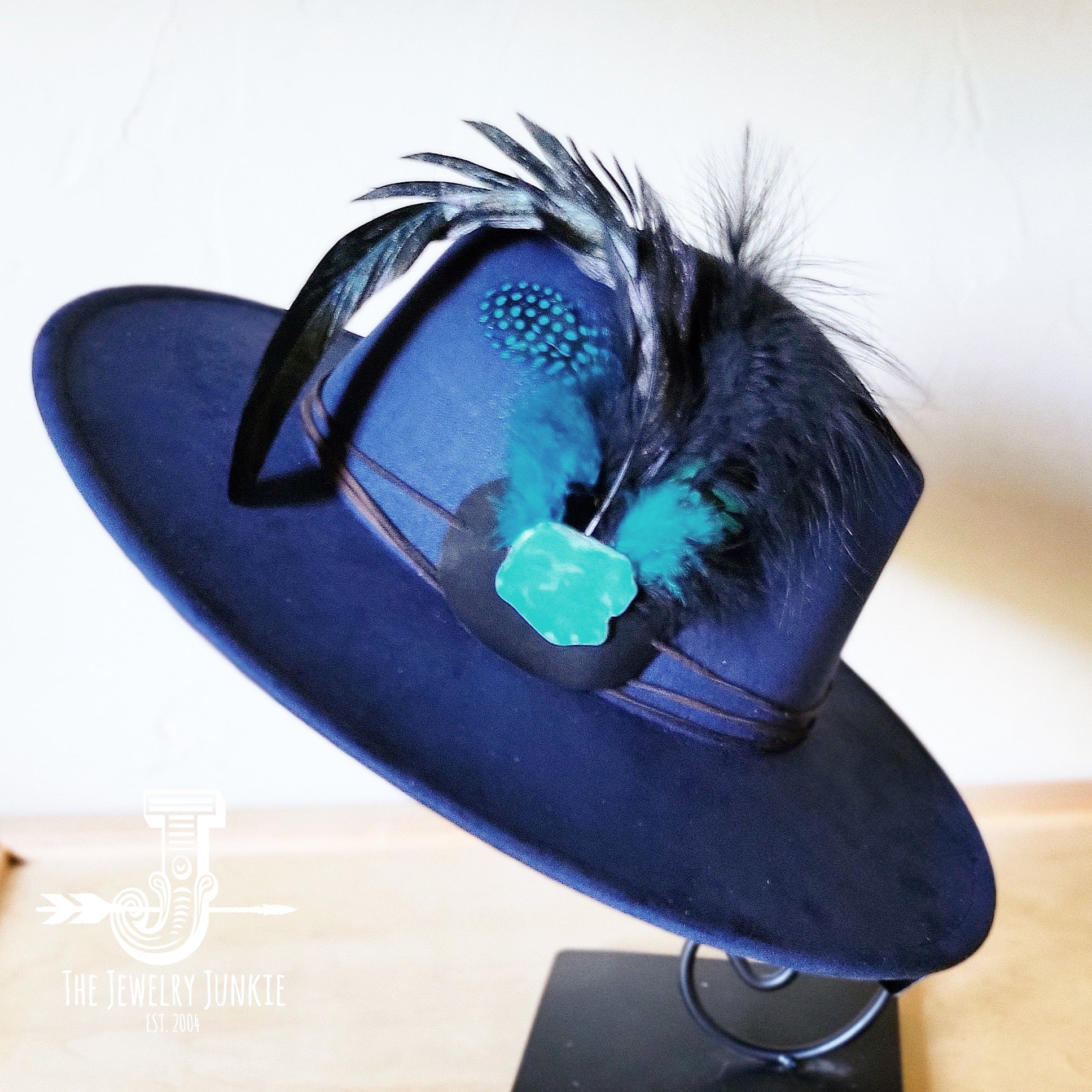 Marabou feather hat band with turquoise slab, additional view