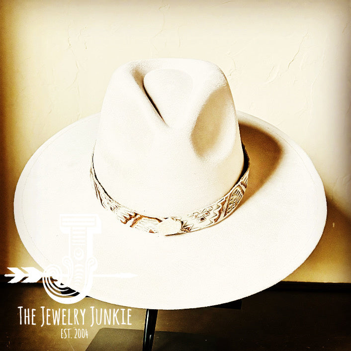 Gold Aztec Embossed Leather Hat Band with White Turquoise Slab