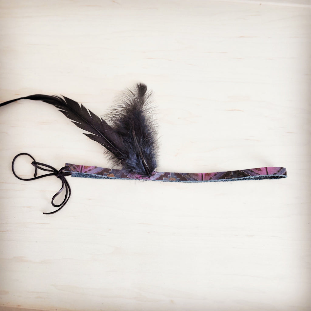 Magenta Navajo Genuine Leather Hat Band with Black Feathers