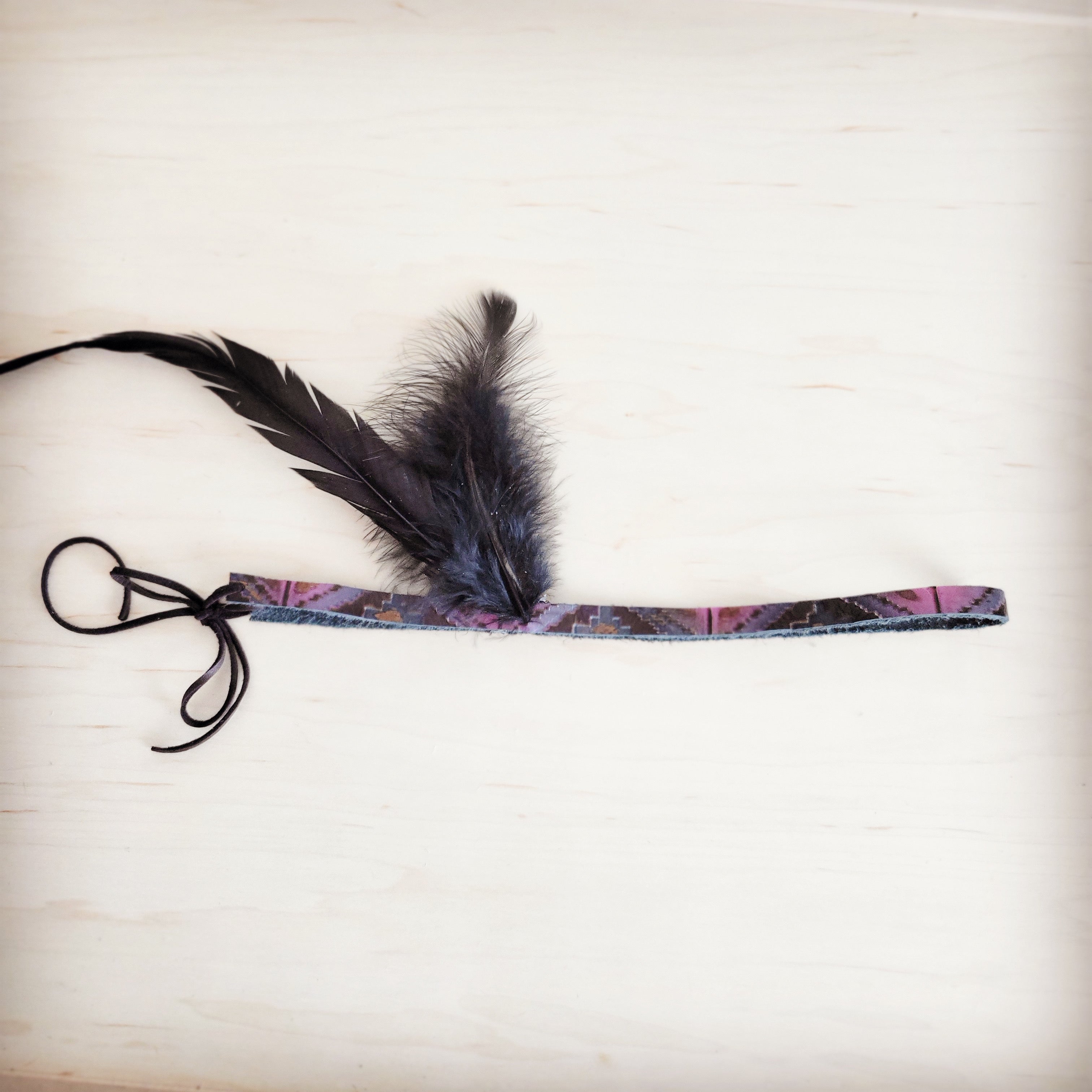 Magenta Navajo Genuine Leather Hat Band with Black Feathers