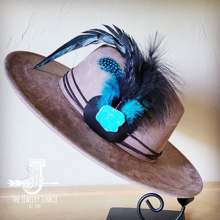 Marabou and spotted feather hat band with a turquoise slab on a boho felt hat