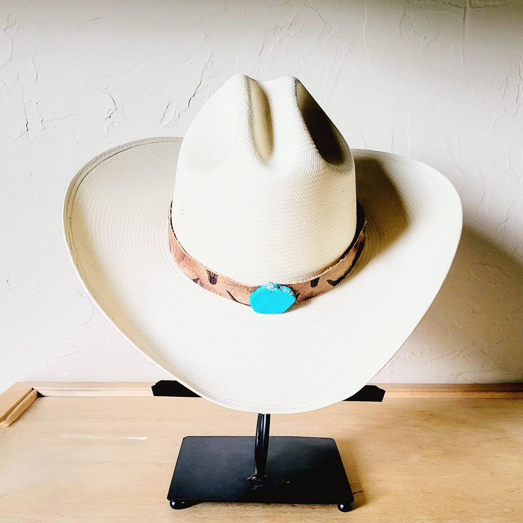 Tan steer embossed leather hat band with turquoise