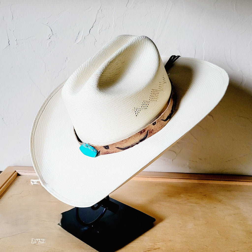 Tan Steer Embossed Leather Hat Band with Turquoise