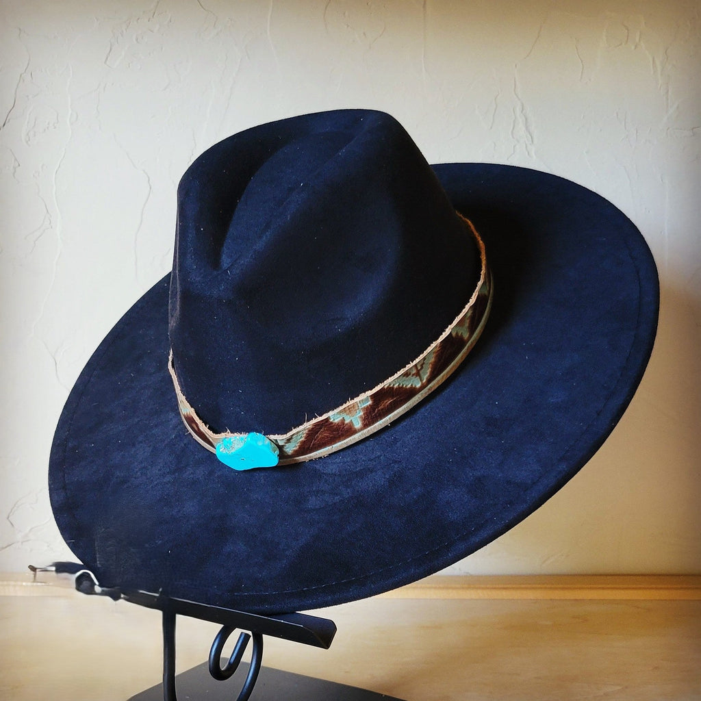 Turquoise Navajo leather hat band with a turquoise slab
