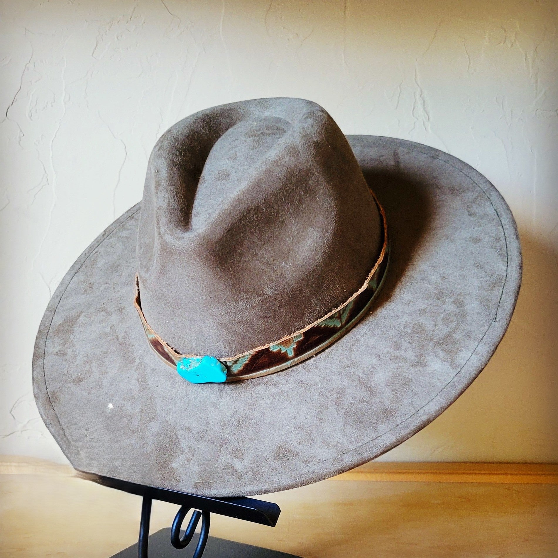 Turquoise Navajo Leather Band with Turquoise Slab, Plus Choice of Boho Hat