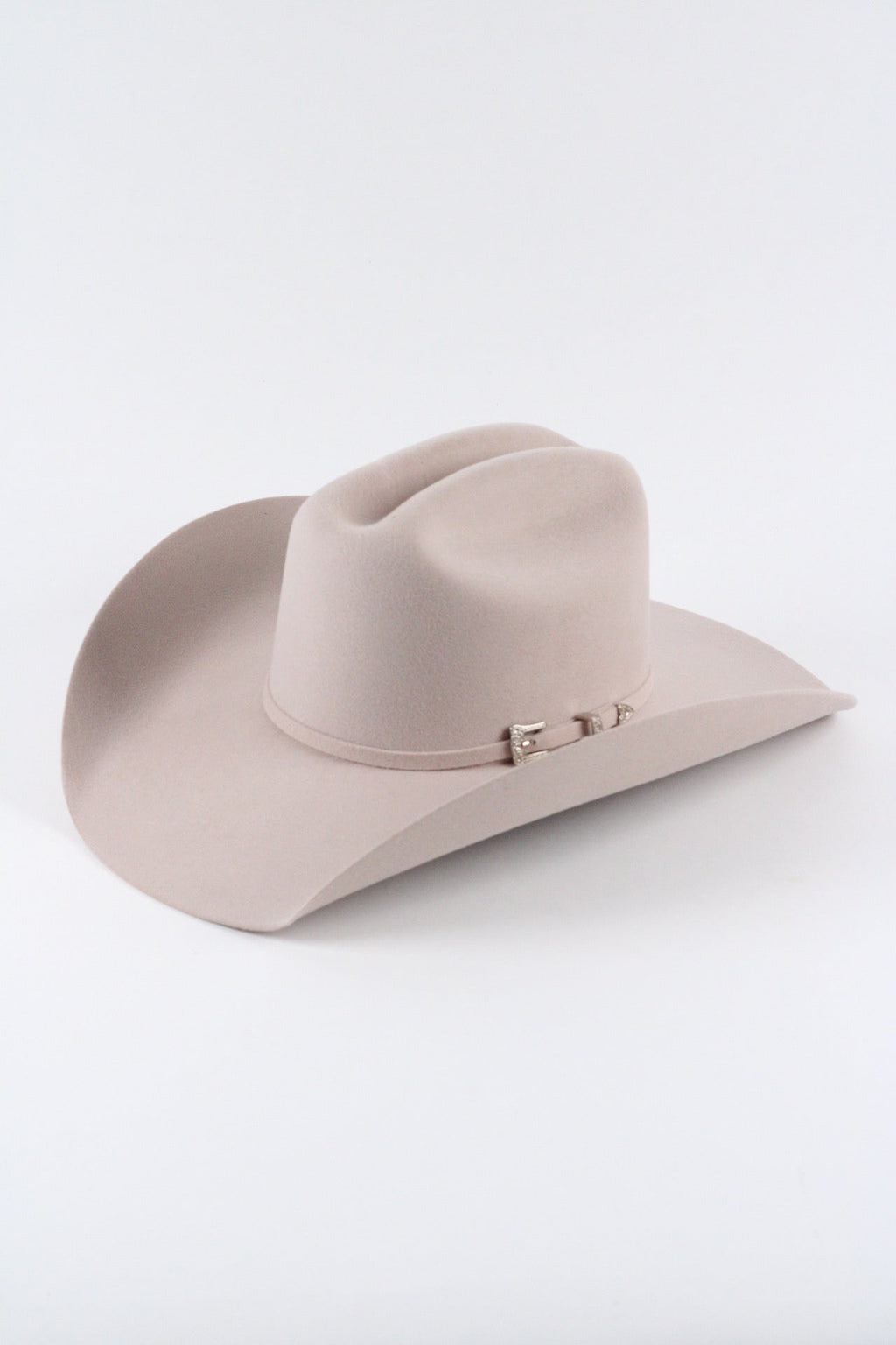 Desert sand Wren merino wool cowboy hat with a cattleman crown, three quarter view on a white background