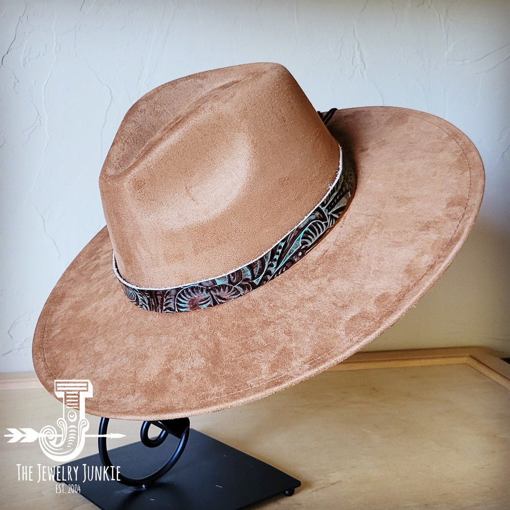 Brown and turquoise floral embossed leather hat band