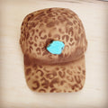 Tan suede baseball cap hand-painted with leopard print and turquoise