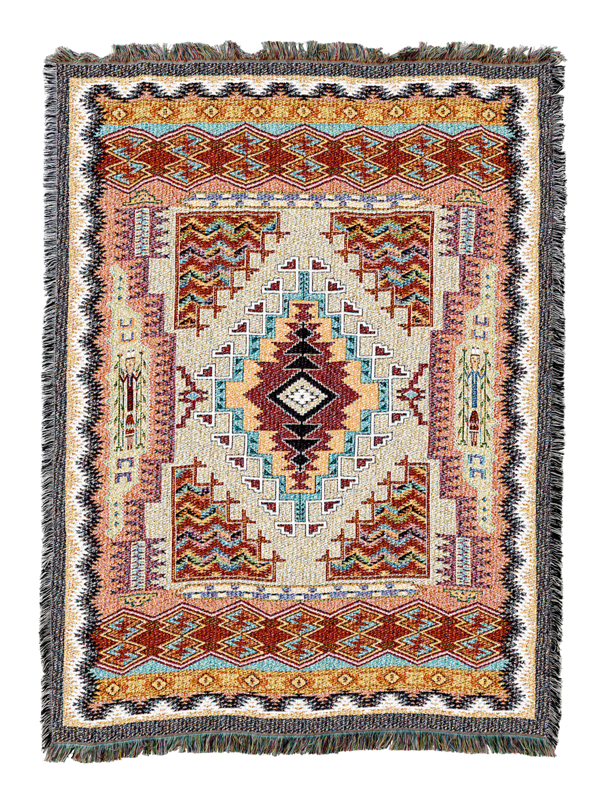 Southwest Butte cotton throw in the Salmon colorway, the same stepped diamond medallion worked in salmon pink and red on cream