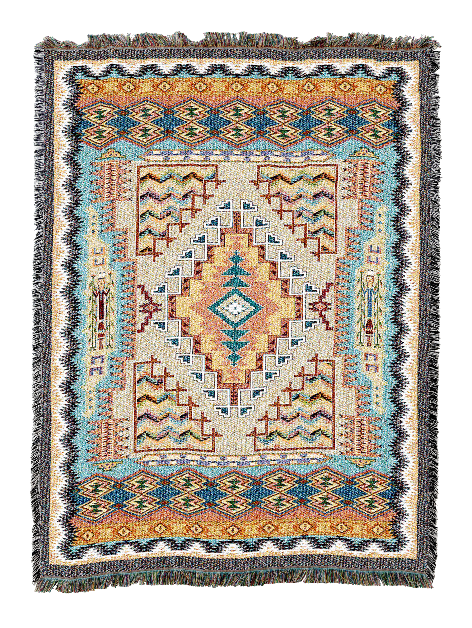 Southwest Butte cotton throw in the Turquoise colorway, the stepped diamond medallion in turquoise and blue on cream with orange border accents