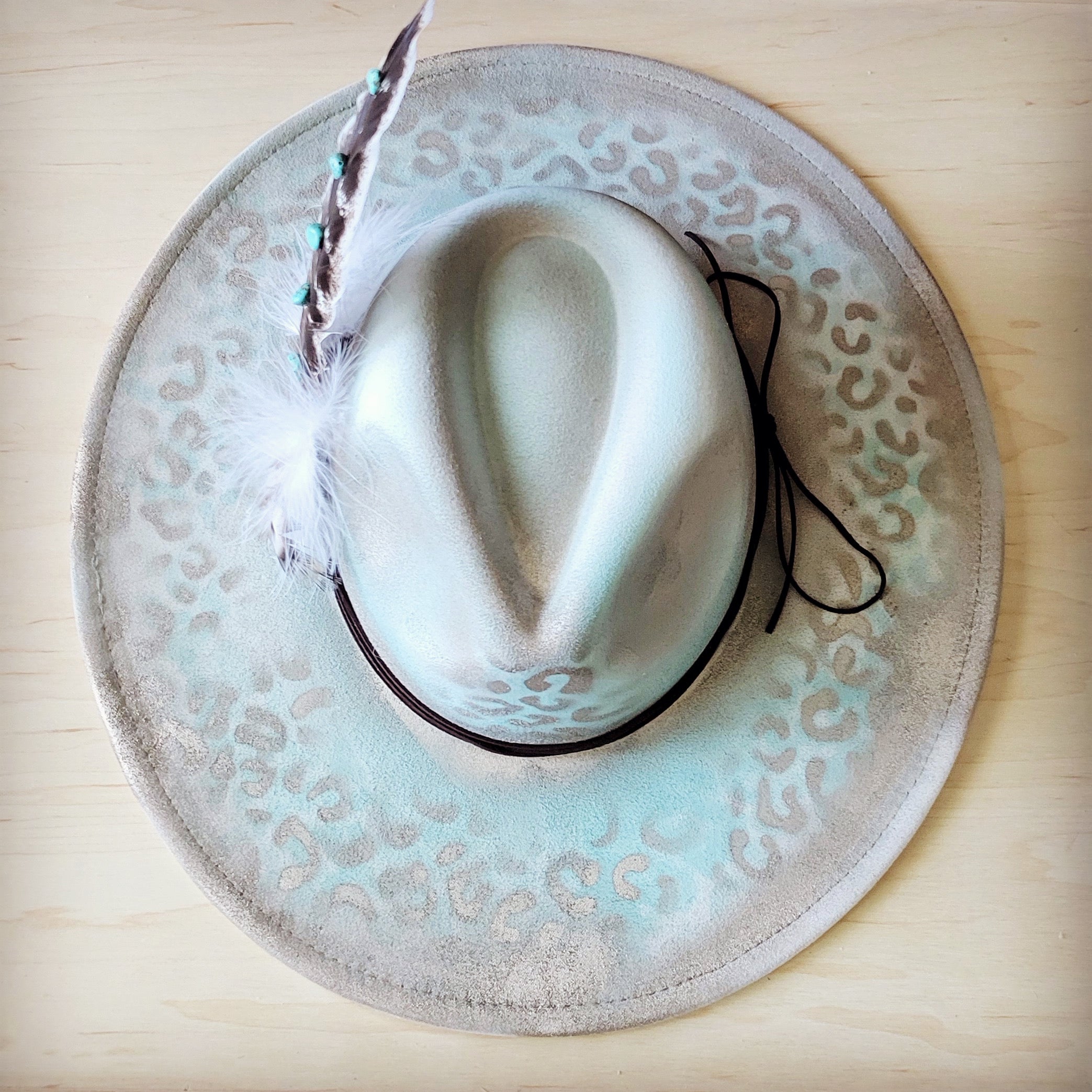 Hand-Painted Leopard Boho Western Cowgirl Hat and Band in Mint