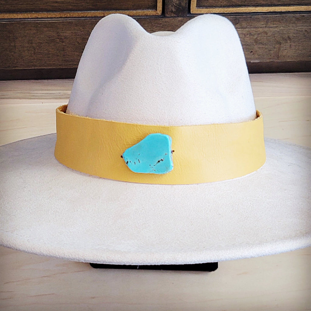 Mustard leather hat band with a turquoise-look slab, additional view