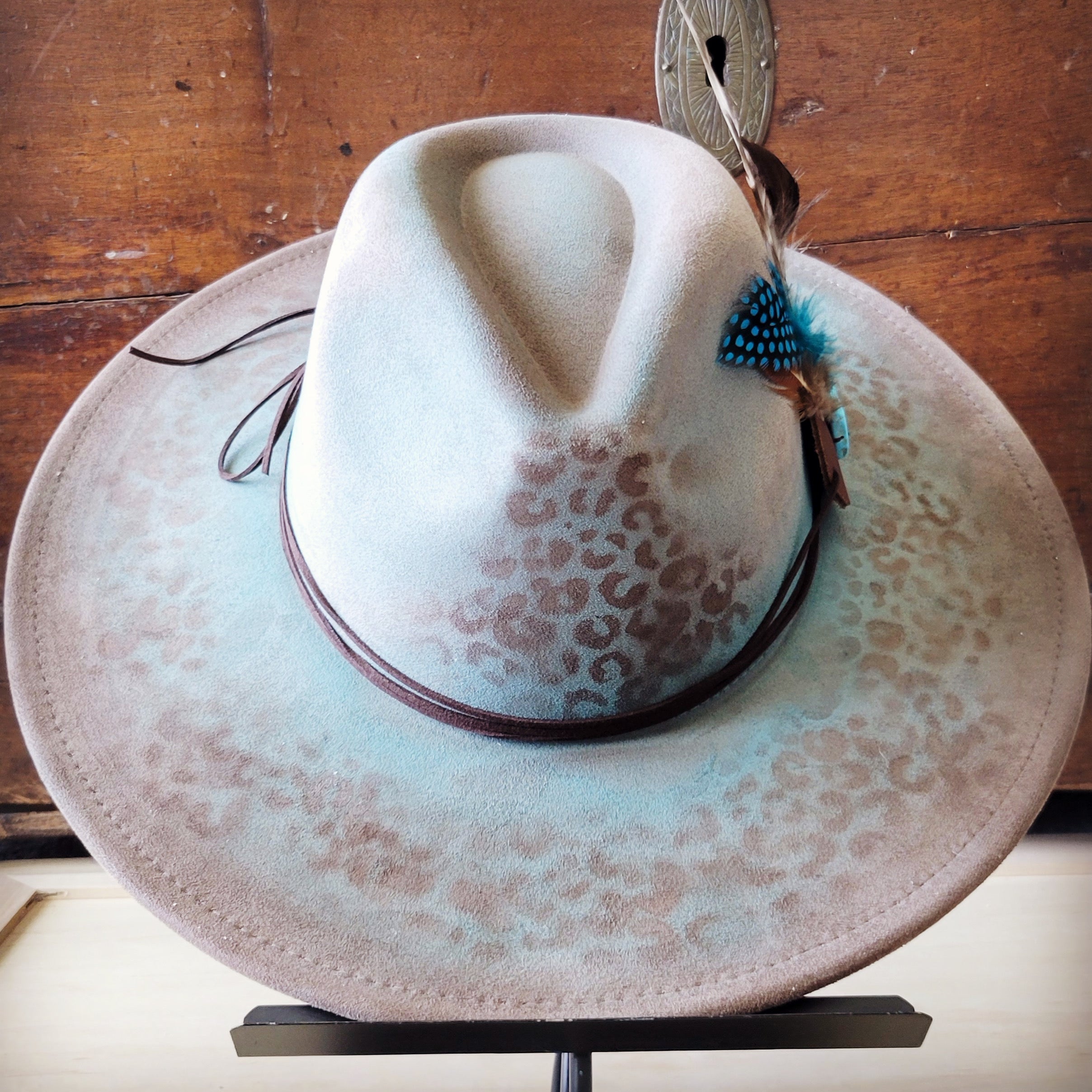 Hand-Painted Leopard Boho Western Cowgirl Hat and Band in Turquoise Brown