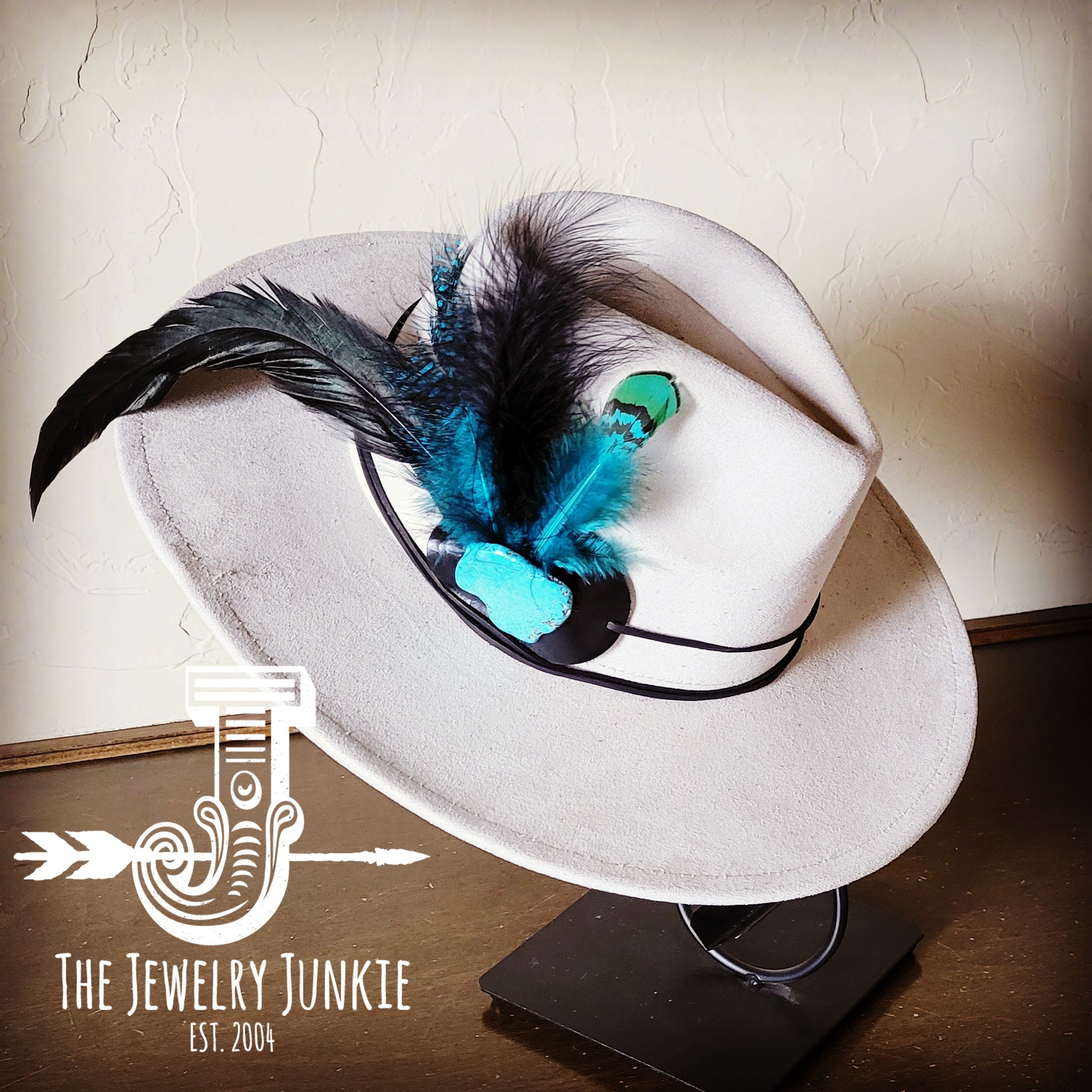 Marabou Blue Spotted Feather and Turquoise Slab Hat Band, Plus Choice of Hat
