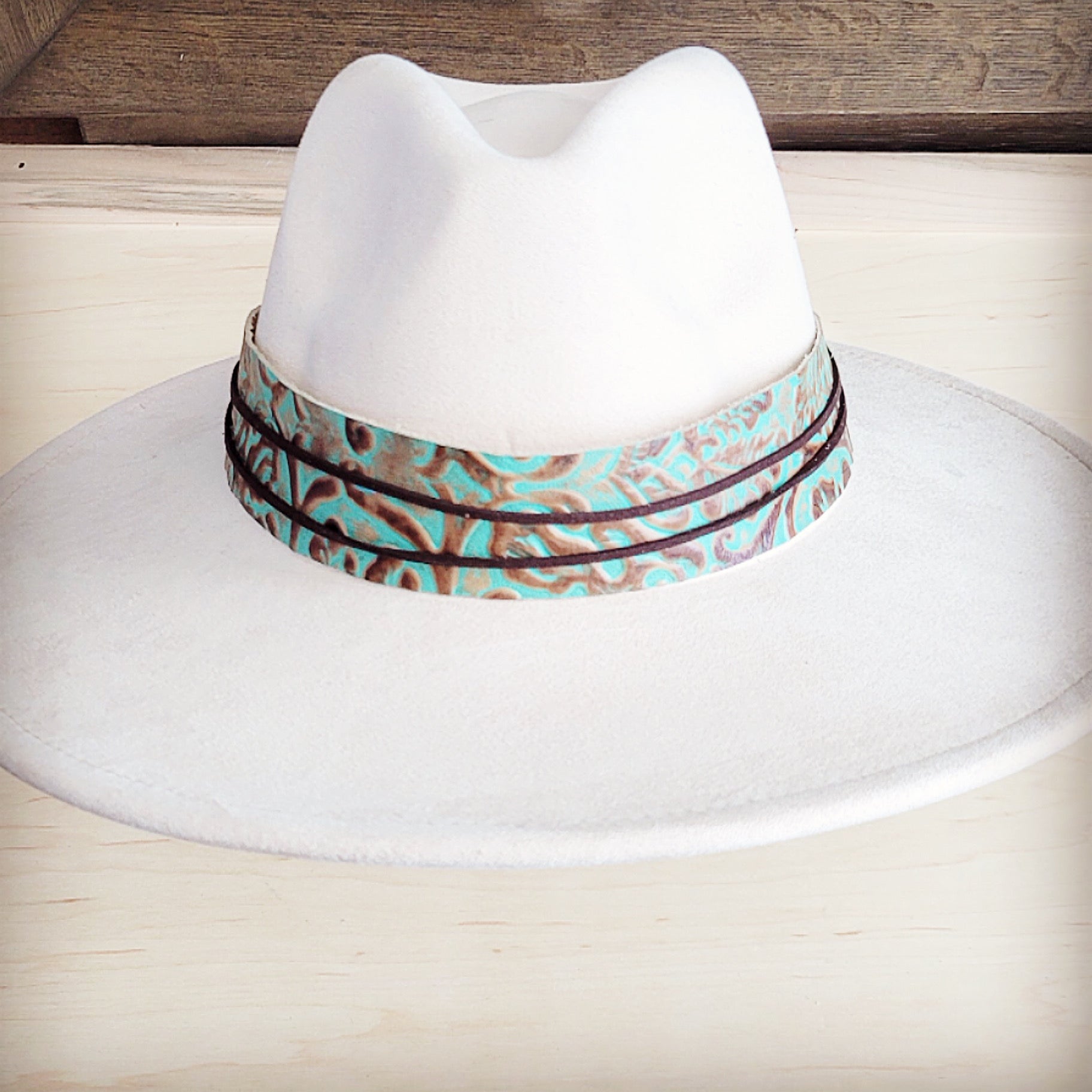 Wide Genuine Leather Cowboy Hat Band with Turquoise