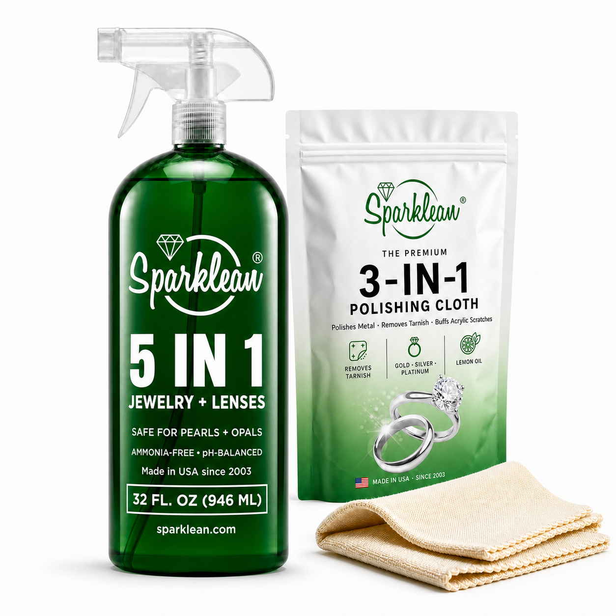 Sparklean jewelry cleaning kit with spray and polishing cloth