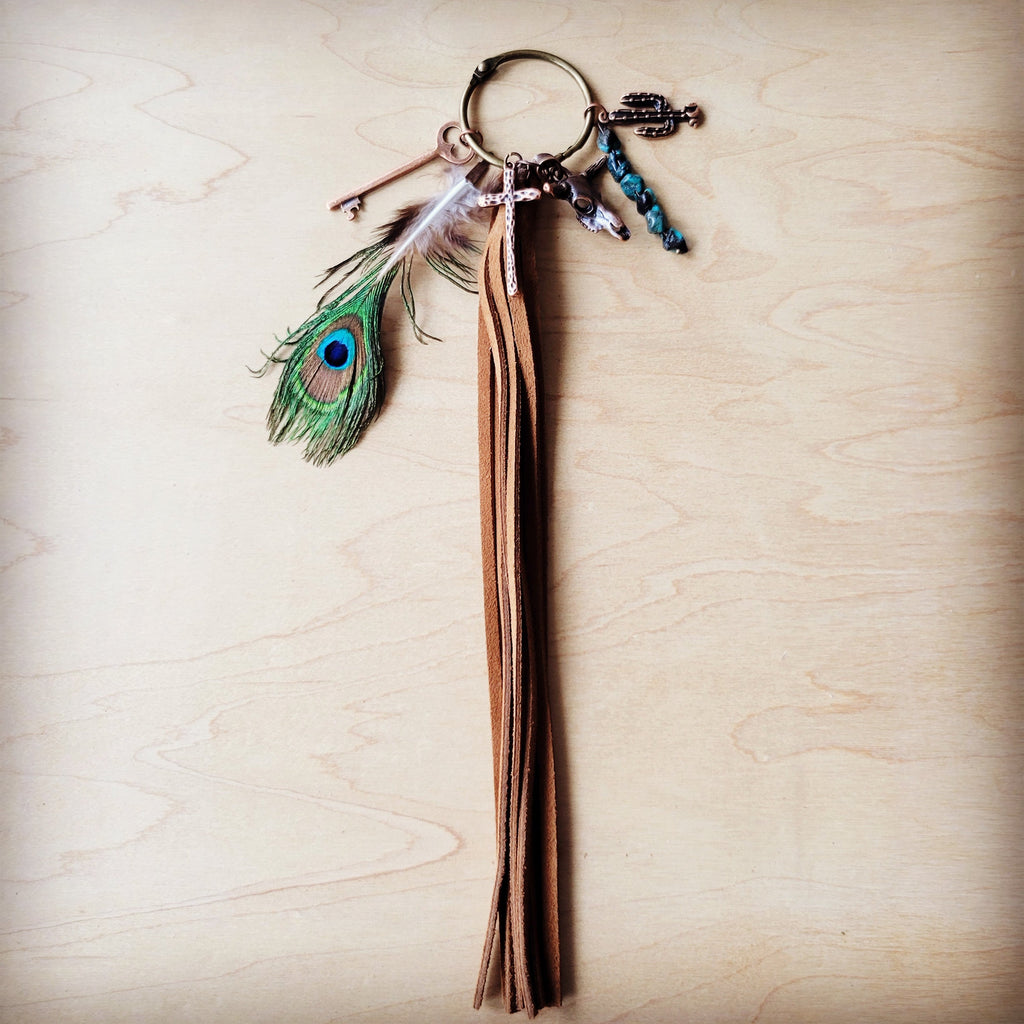 Leather boot charm with peacock feathers and turquoise
