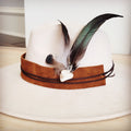 Clip-on hat band with white turquoise and olive feathers
