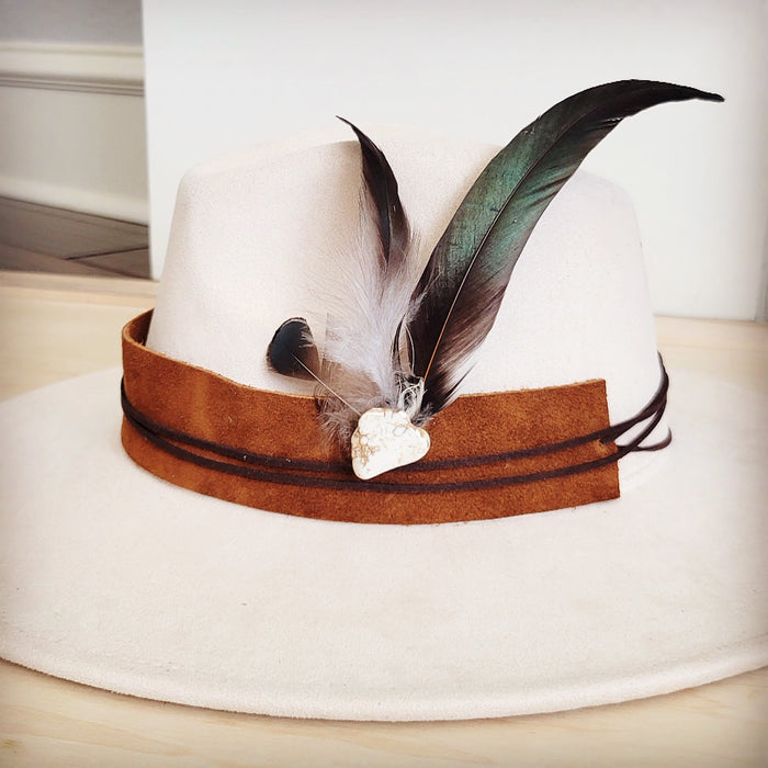 Clip-on hat band with white turquoise and olive feathers