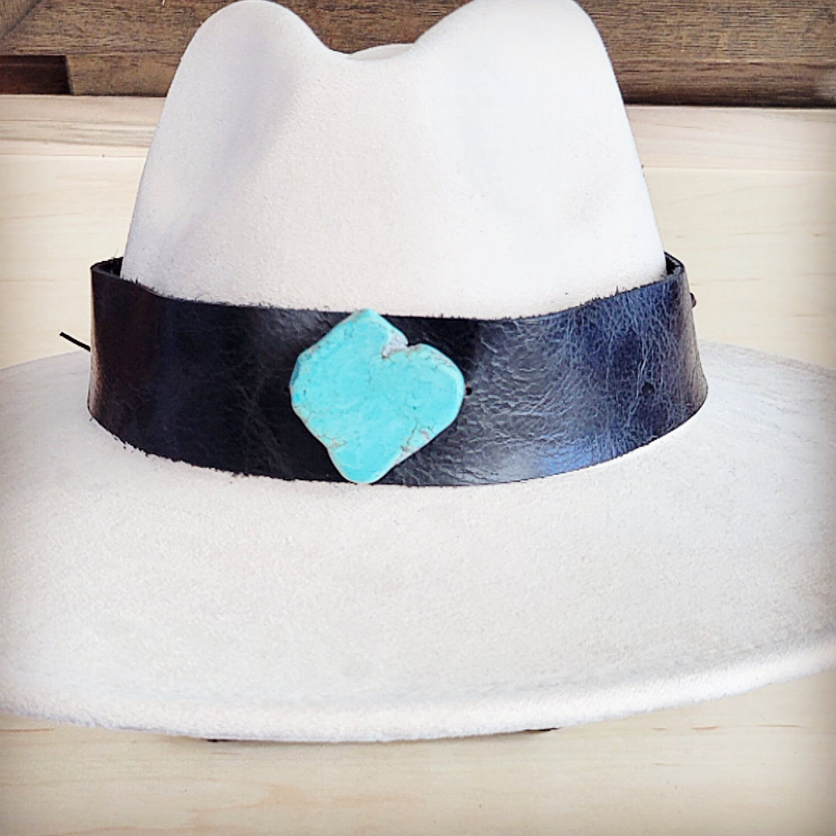 Black leather hat band with a turquoise-look slab, additional view