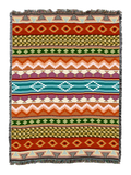Multicolor southwestern serape stripe cotton throw with horizontal bands of orange, brick, teal, olive and cream, each band carrying its own small geometric motif