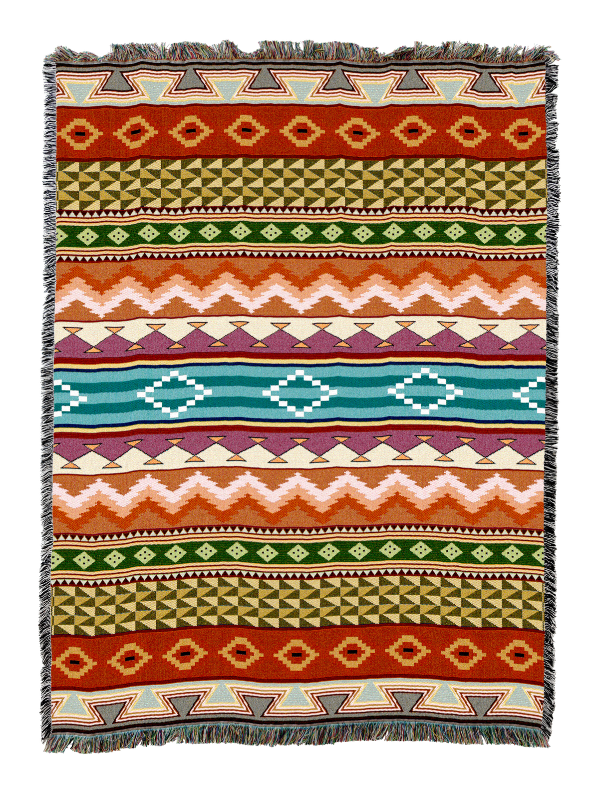 Multicolor southwestern serape stripe cotton throw with horizontal bands of orange, brick, teal, olive and cream, each band carrying its own small geometric motif