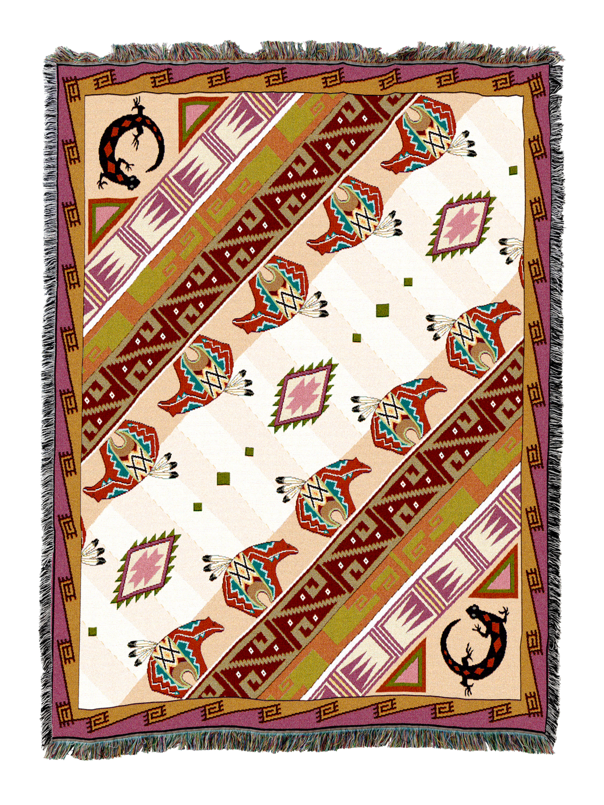 Western Slant cotton throw in the Bisque colorway, diagonal bands of aztec geometry in red, teal, olive and plum crossing a pale cream ground with horseshoe motifs in the corners