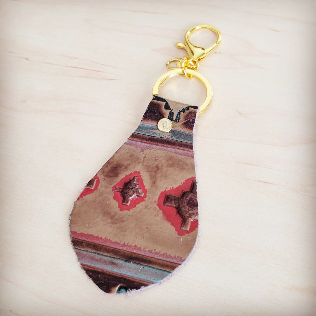 Back of the southwest print hair-on-hide key chain showing the leather backing