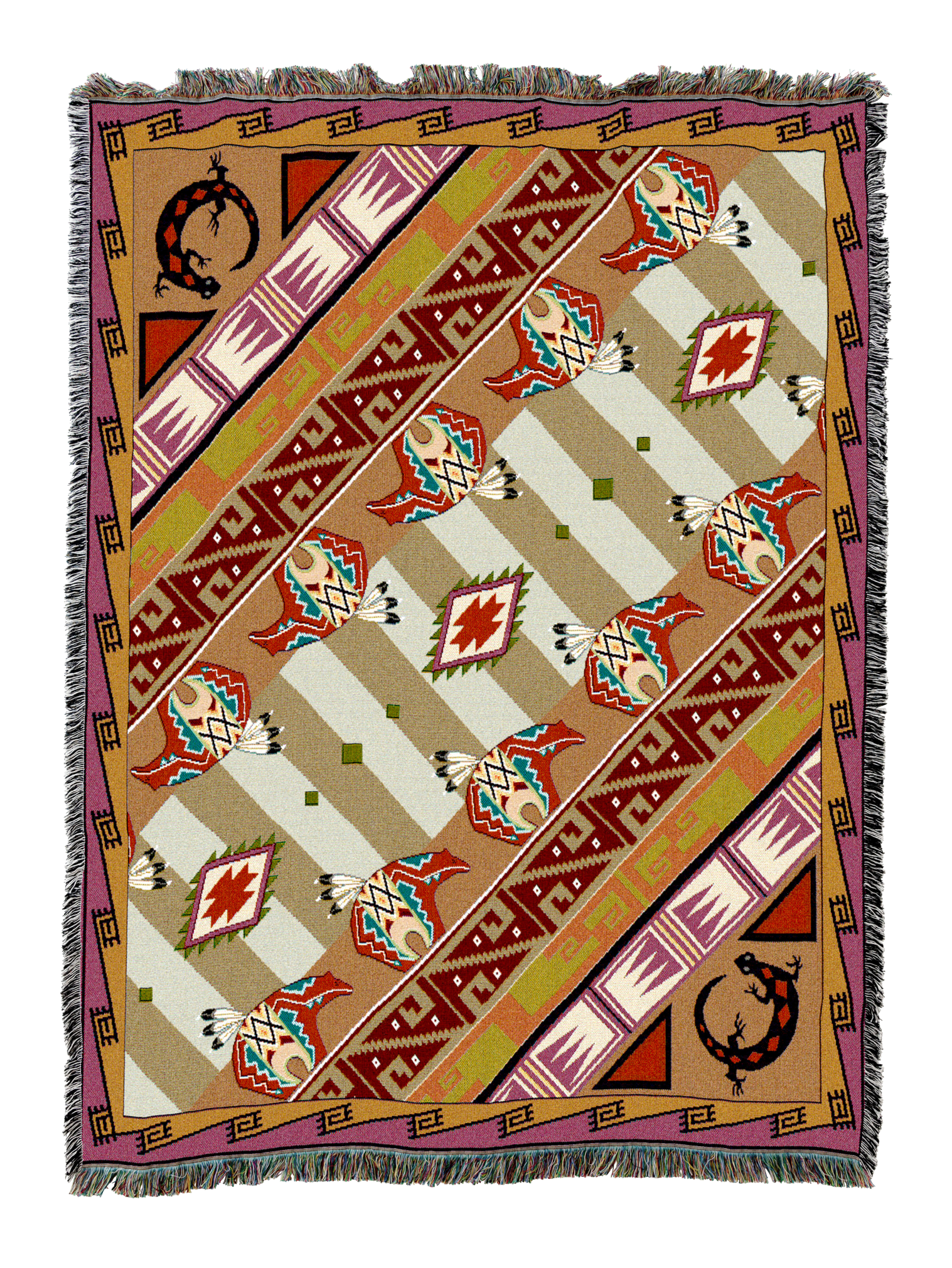 Western Slant cotton throw in the Copper colorway, the same diagonal aztec banding worked in copper, tan and red with horseshoe motifs in the corners