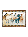 Landscape cotton tapestry throw woven with five running horses, a paint, a palomino, a buckskin and two greys, on a pale desert ground with narrow southwestern borders