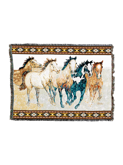 Landscape cotton tapestry throw woven with five running horses, a paint, a palomino, a buckskin and two greys, on a pale desert ground with narrow southwestern borders