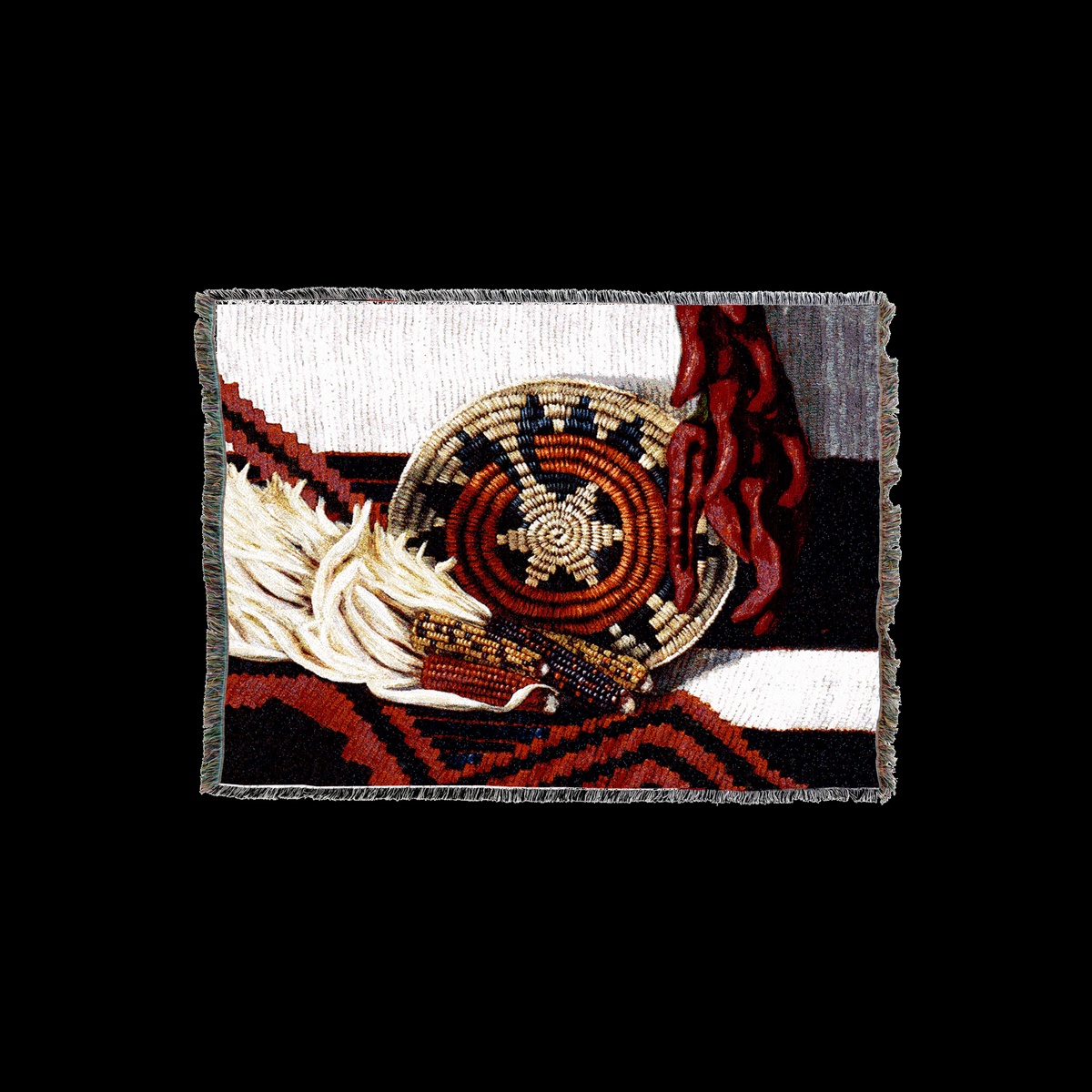 Cotton throw blanket woven with a still life of a coiled basket, red chile ristra and dried corn on a striped rust blanket