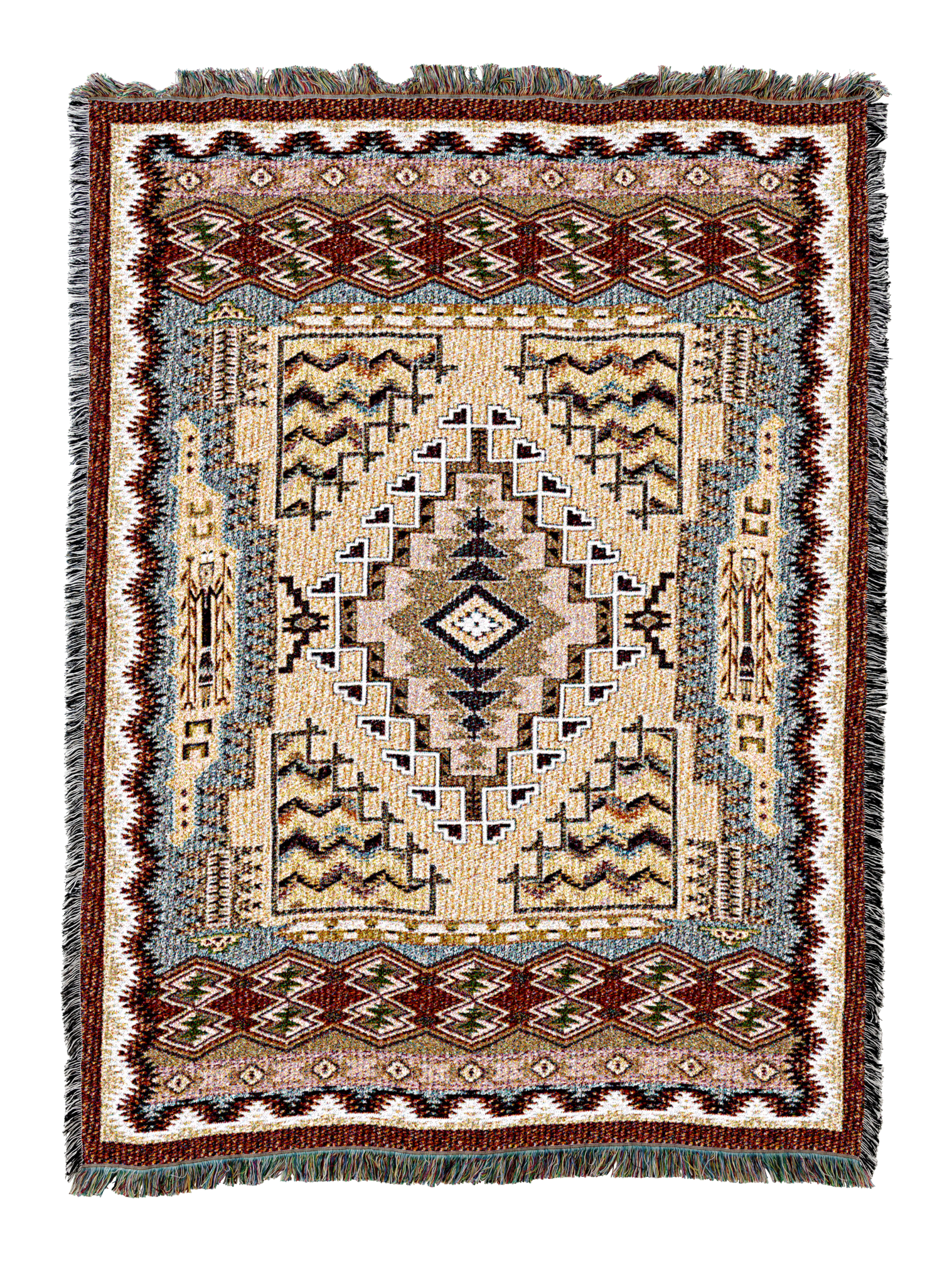 Southwest Butte cotton throw in the Clay colorway, a stepped diamond medallion on a cream field framed by layered zigzag borders in rust, navy and blue grey