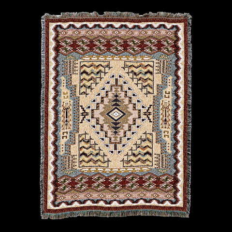 Southwest Butte cotton throw in the Clay colorway, a stepped diamond medallion on a cream field framed by layered zigzag borders in rust, navy and